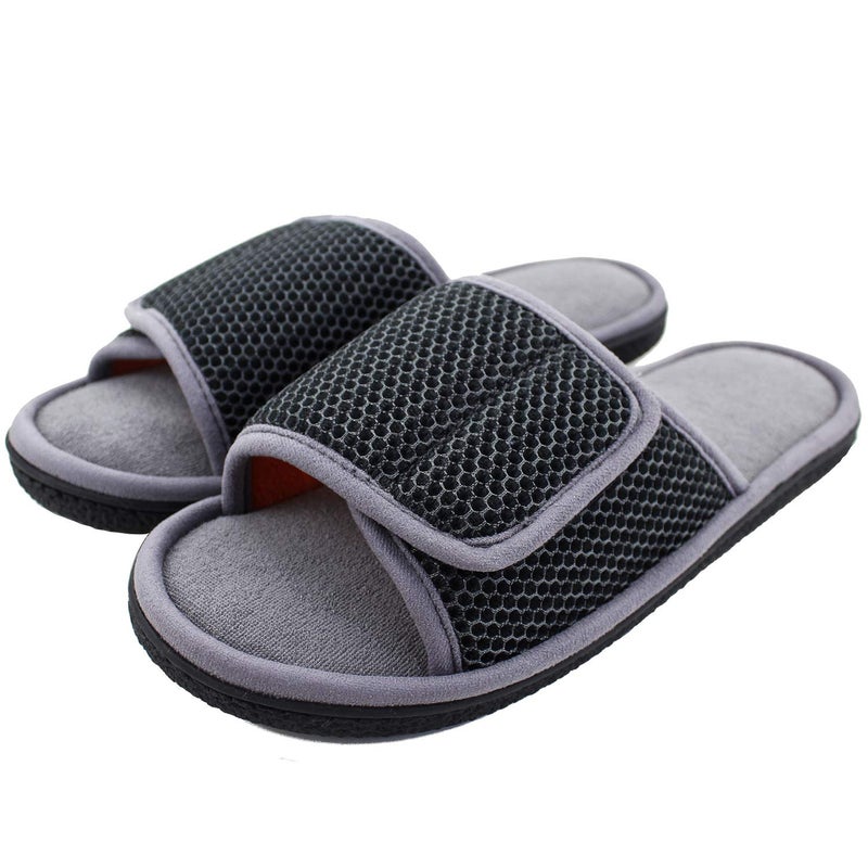WALKFUN Adjustable House Slippers for Men Open Toe Breathable Indoor Slip on Mens Slides Sandals with Memory Foam for Bedroom,Patio(9-10,Grey) - Image 1